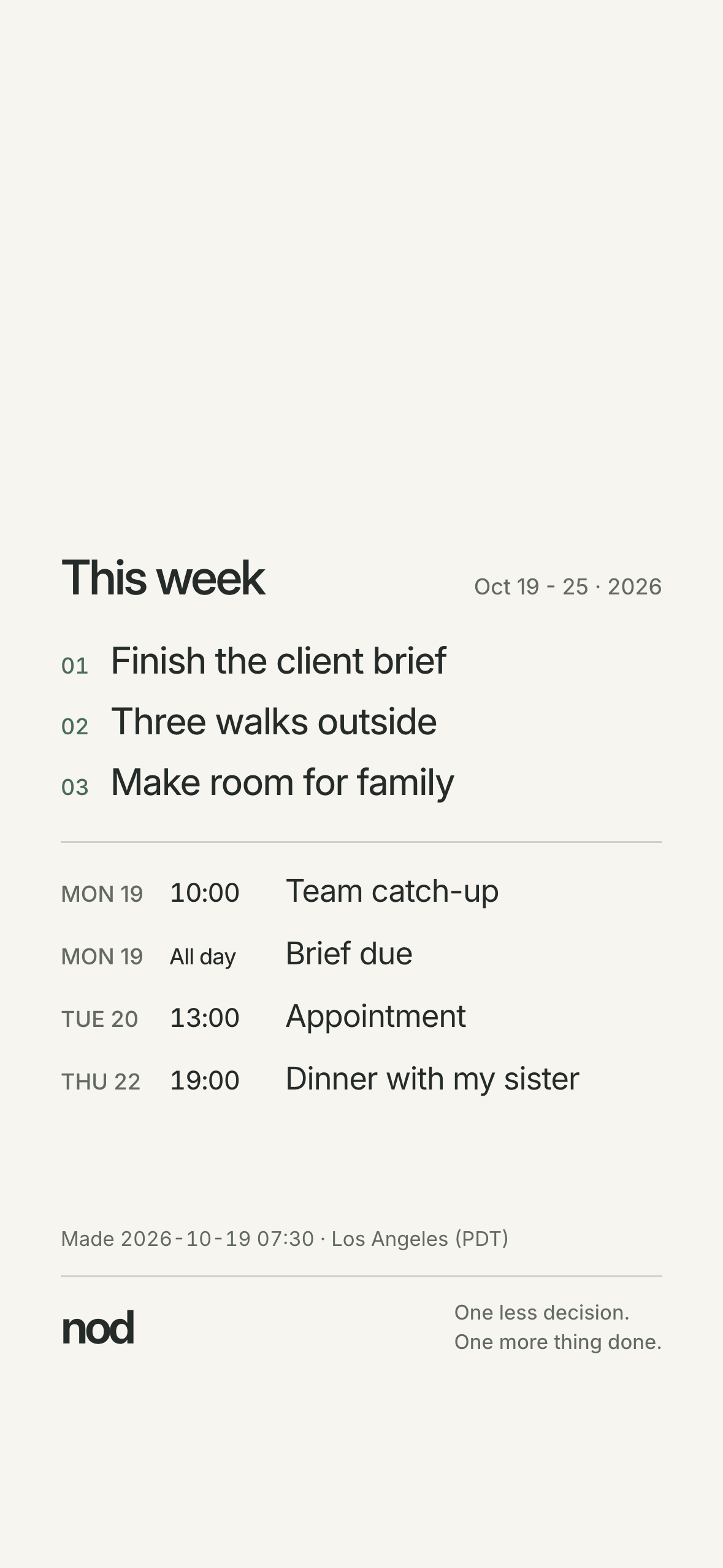 Synthetic weekly wallpaper with three priorities and dated events. Its upper space is reserved for the phone clock.